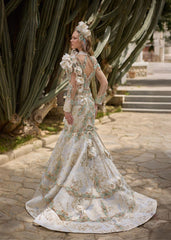 Plunge Neck Illusion Ivory Mermaid Stunning Party Gown With Flower Details