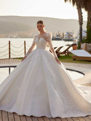 buy Affordable Illusion Lace Modest And Elegant Puffy Sleeve Classy Wedding Dress online shopping for brides