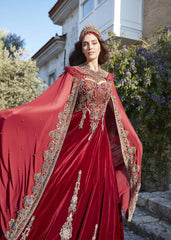 buy Red velvet Long tulle cape a line Gold Embroidered Beautiful Kaftan Abaya online kaftans shop