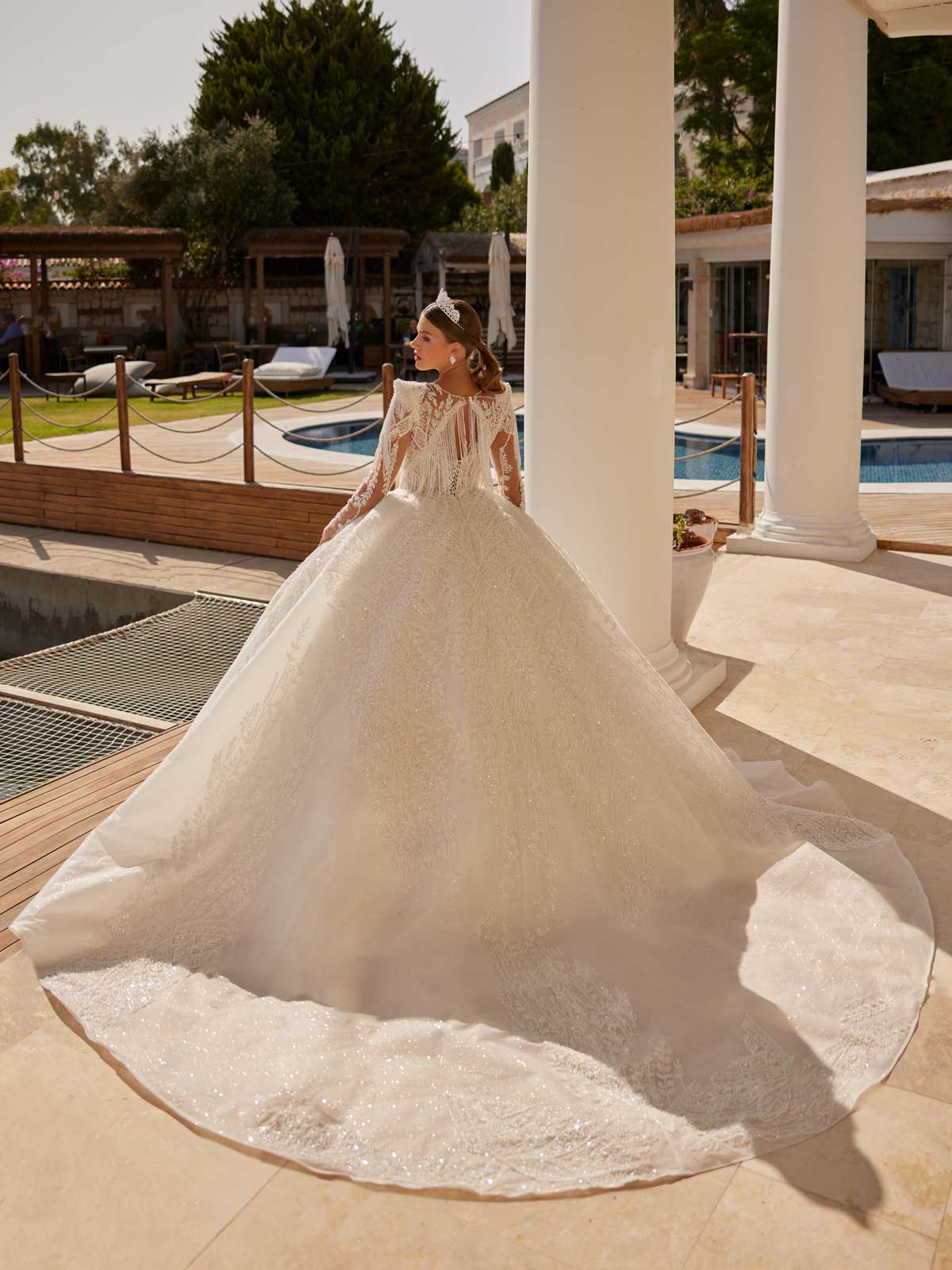 buy Fairy Long Illusuon Sleeve Pearl Embellished Fringed Back Wedding Dress For Princess plus sizes cheap bridal dresses online