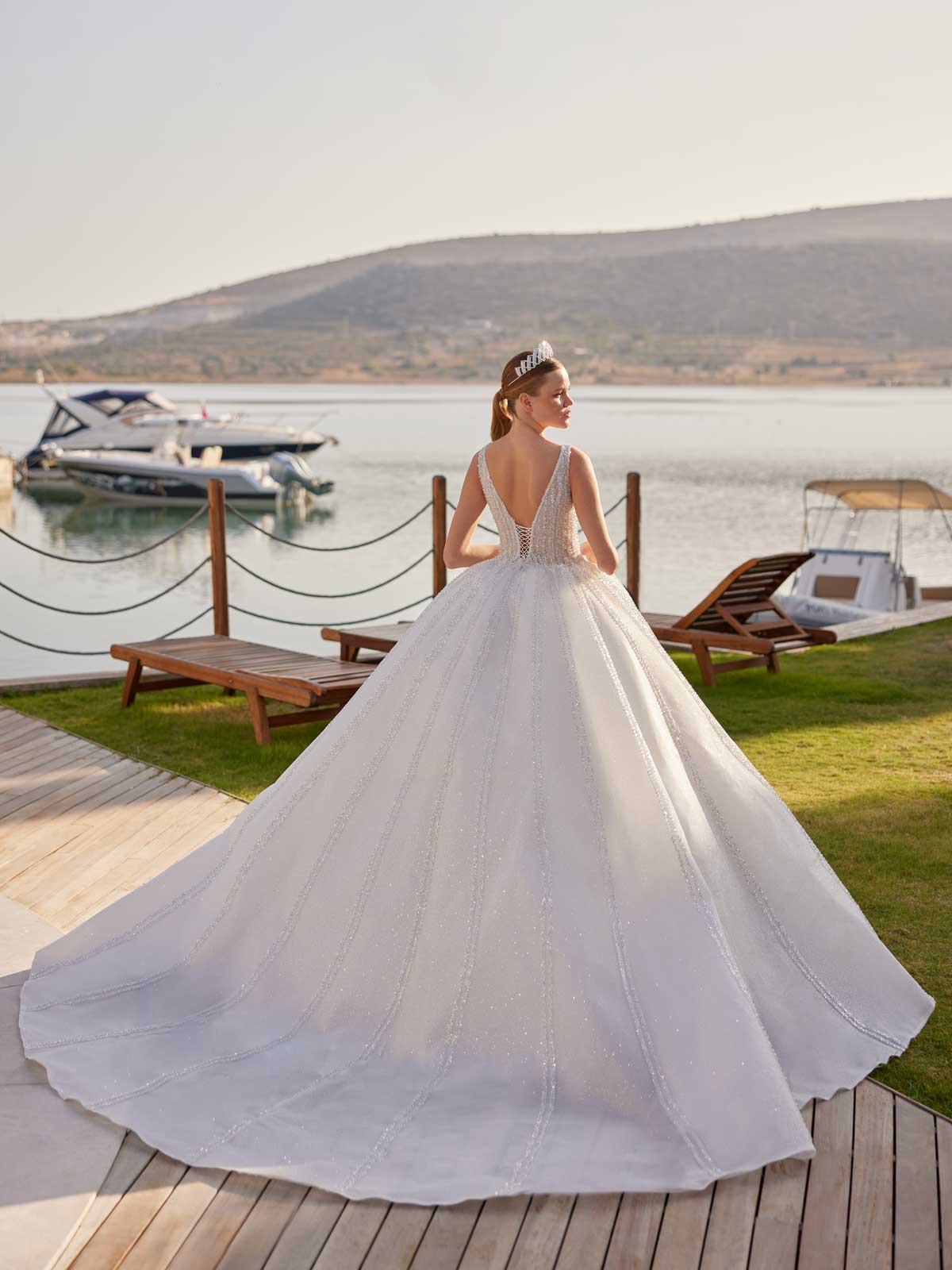 buy White Sleeveless Bridal Gown With Cathedral Train online desıgner store