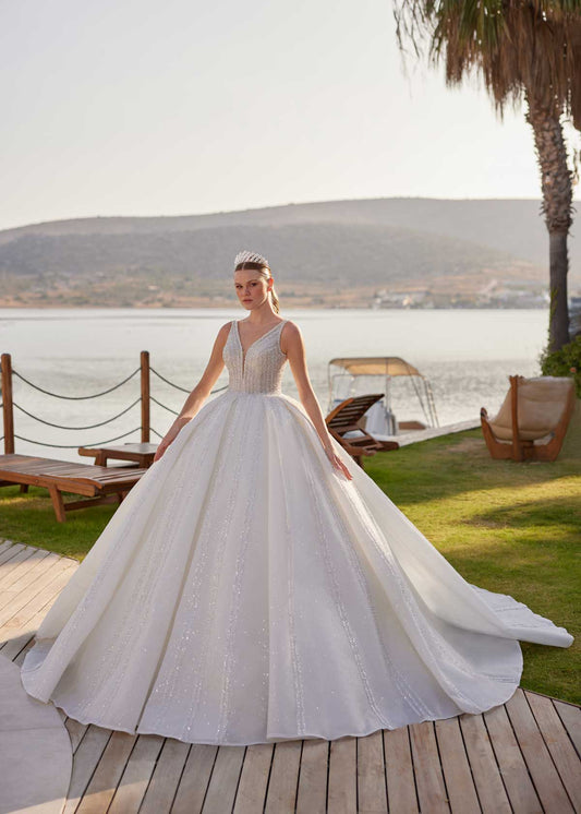 buy affordable Beautiful White Deep V Neck Backless Princess Tulle Bridal Gown for plus sizes tall brides online boutique shop