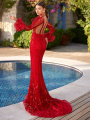 buy stylish luxury open back embellished hemline fitted party mermaid dress with long illusion sleeve prom party dress online store