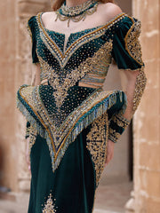 Designer Green Front Slit Bead Fringes Scoop Neck Low Cut Party Gala Dress With Train