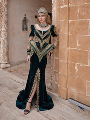 buy luxury Designer Green Front Slit Bead Fringes Scoop Neck Low Cut Party Gala Dress With Train online party dress