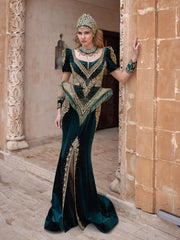 Designer Green Front Slit Bead Fringes Scoop Neck Low Cut Party Gala Dress With Train