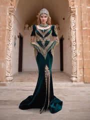 Designer Green Front Slit Bead Fringes Scoop Neck Low Cut Party Gala Dress With Train