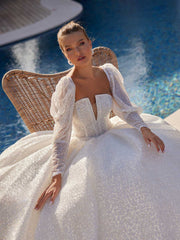 buy Elegant Chic Strapless Deep V Neck With Juliet Long Sleeve Sparkly Wedding Gown plus sizes, expensive online stores