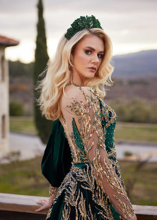 Emerald Illusion Neck One Shoulder Front Slit Sequins Henna Party Dress