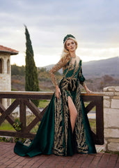 Emerald Illusion Neck One Shoulder Front Slit Sequins Henna Party Dress