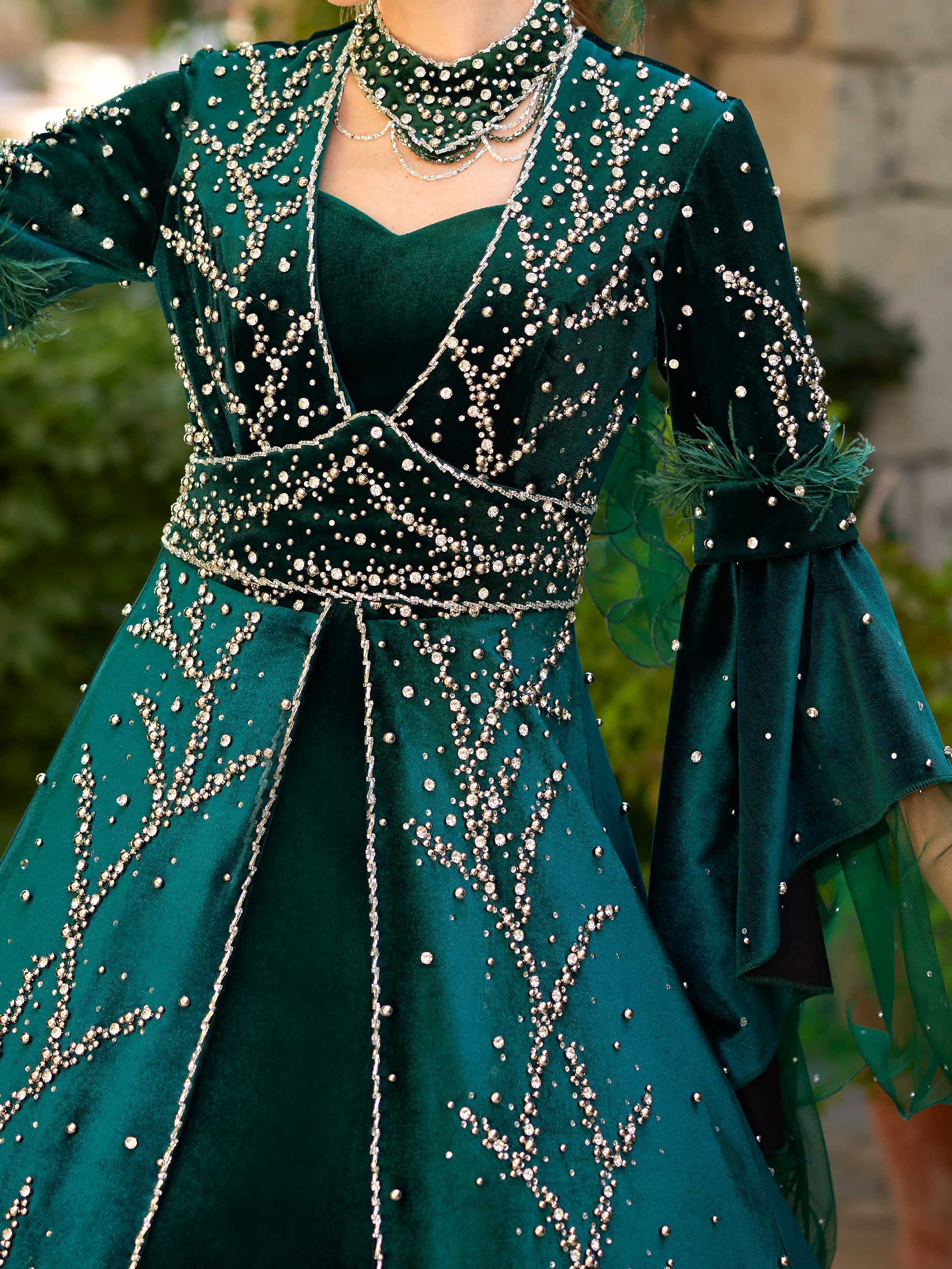 buy rhinestone feather embellished emerald green velvet A line princess henna party gown dress with best price online henna dresses shop