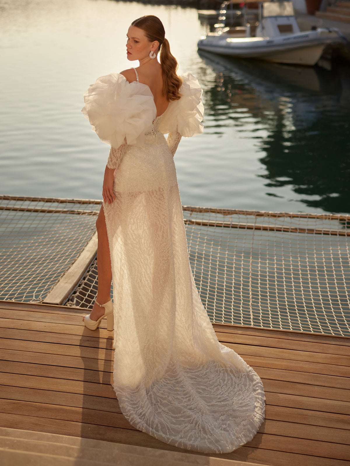 buy Stylish Front Slit Sequin Beaded Ivpry Lace Sheer Bridal Dress cheap online bridal shop