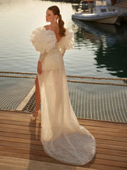 buy Stylish Front Slit Sequin Beaded Ivpry Lace Sheer Bridal Dress cheap online bridal shop