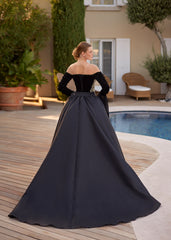 buy detachable satin panel train strapless with long sleeve gold sequin asymmetrical elegant formal evening gown for wedding party online store