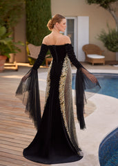 buy court train trumpet butterfly long sleeve off shoulder unique stylish velvet drape formal dress with best price online store