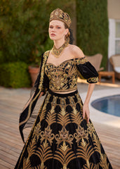 buy affordable off shoulder with puff sleeves applique embellished fitted crop top and a line embellished skirt with dupatta online henna gowns boutique