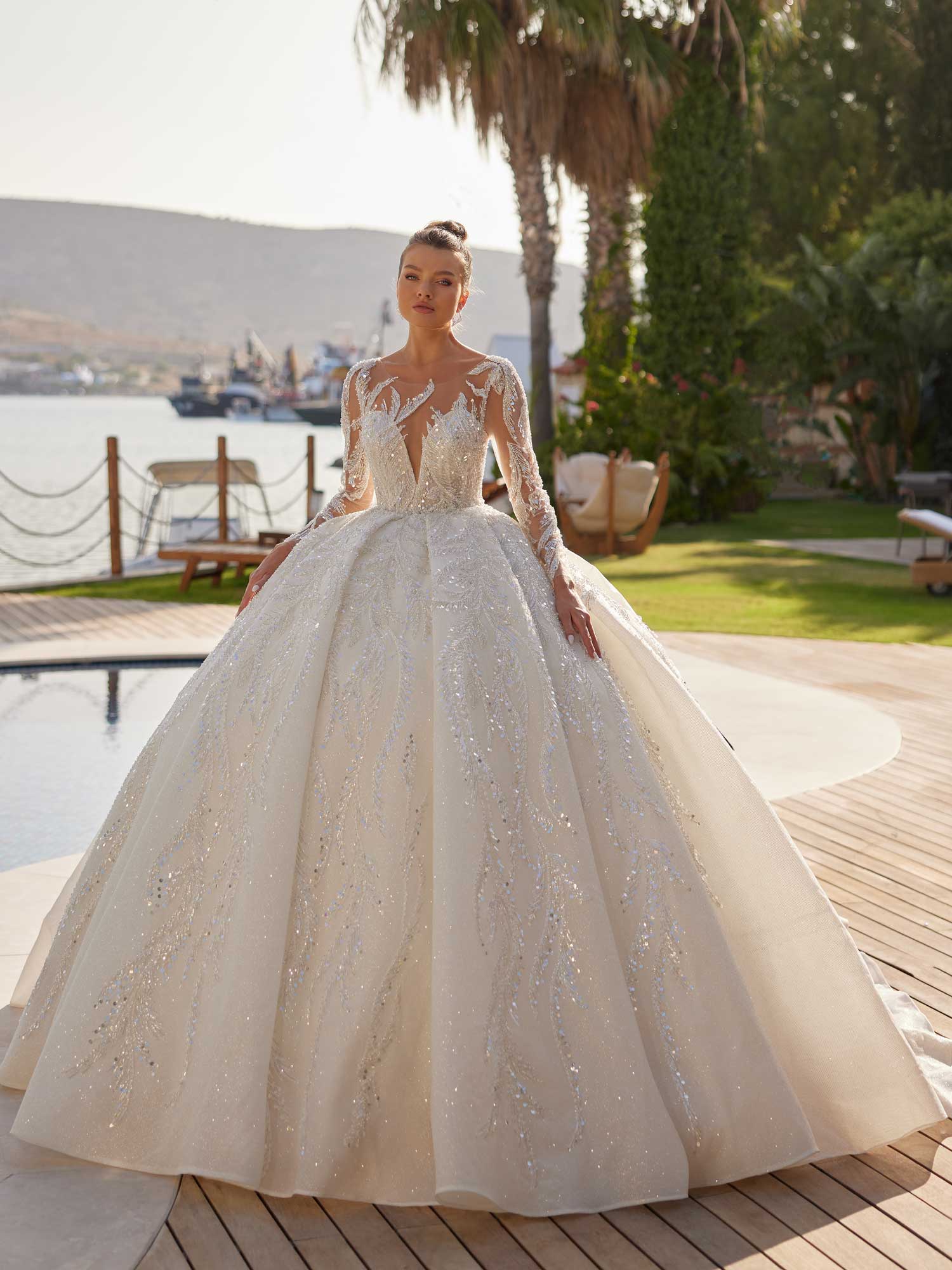 buy Unique Deep V Neckline İllusion Lace Wedding Dress With illusion Sleeves online bridal gowns boutique