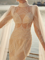 buy Champagne Sheath trumpet Wedding Gown with Ivory Lace Appliques and tulle cape sleeves bridal online website