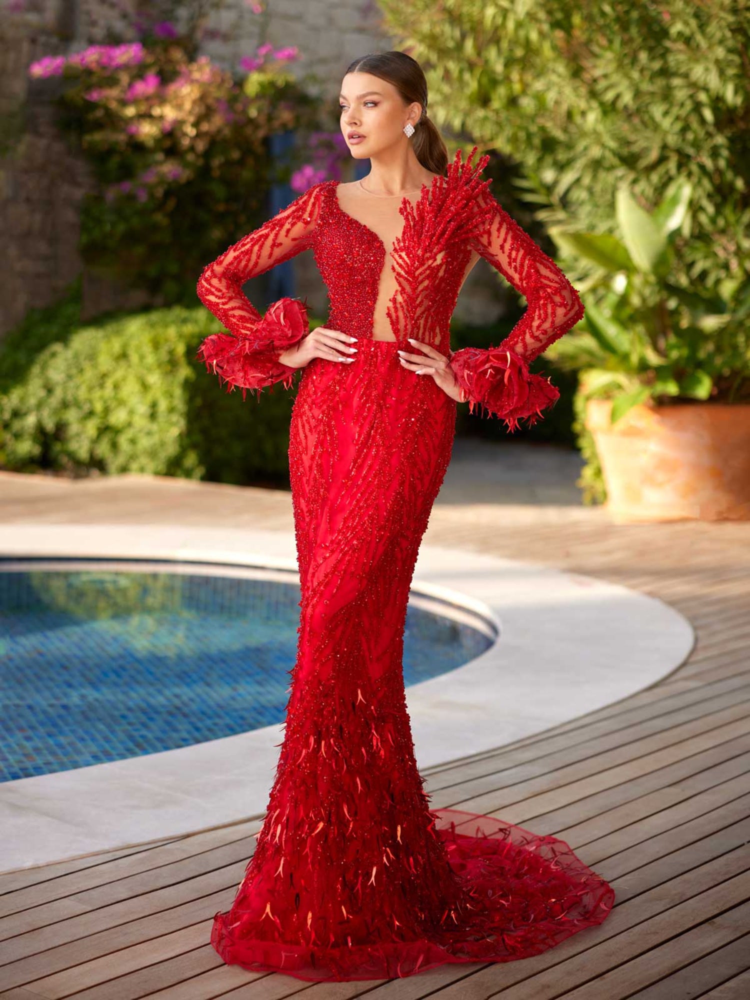 Red Beaded Floor Length Low V Neckline Evening Dress 40