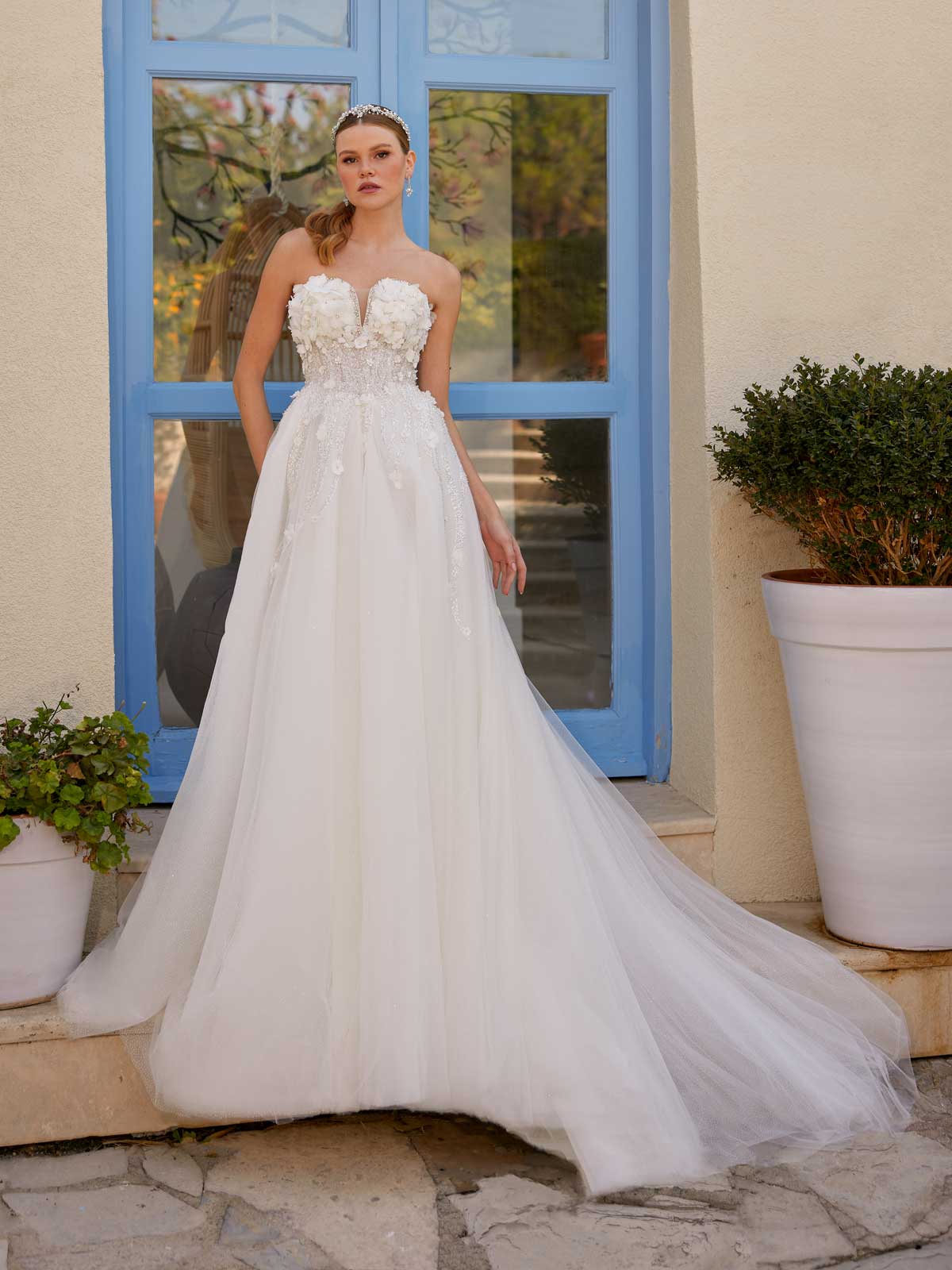 Deep-V Neck 3D Floral Lace Romantic A line Boho Wedding Dress