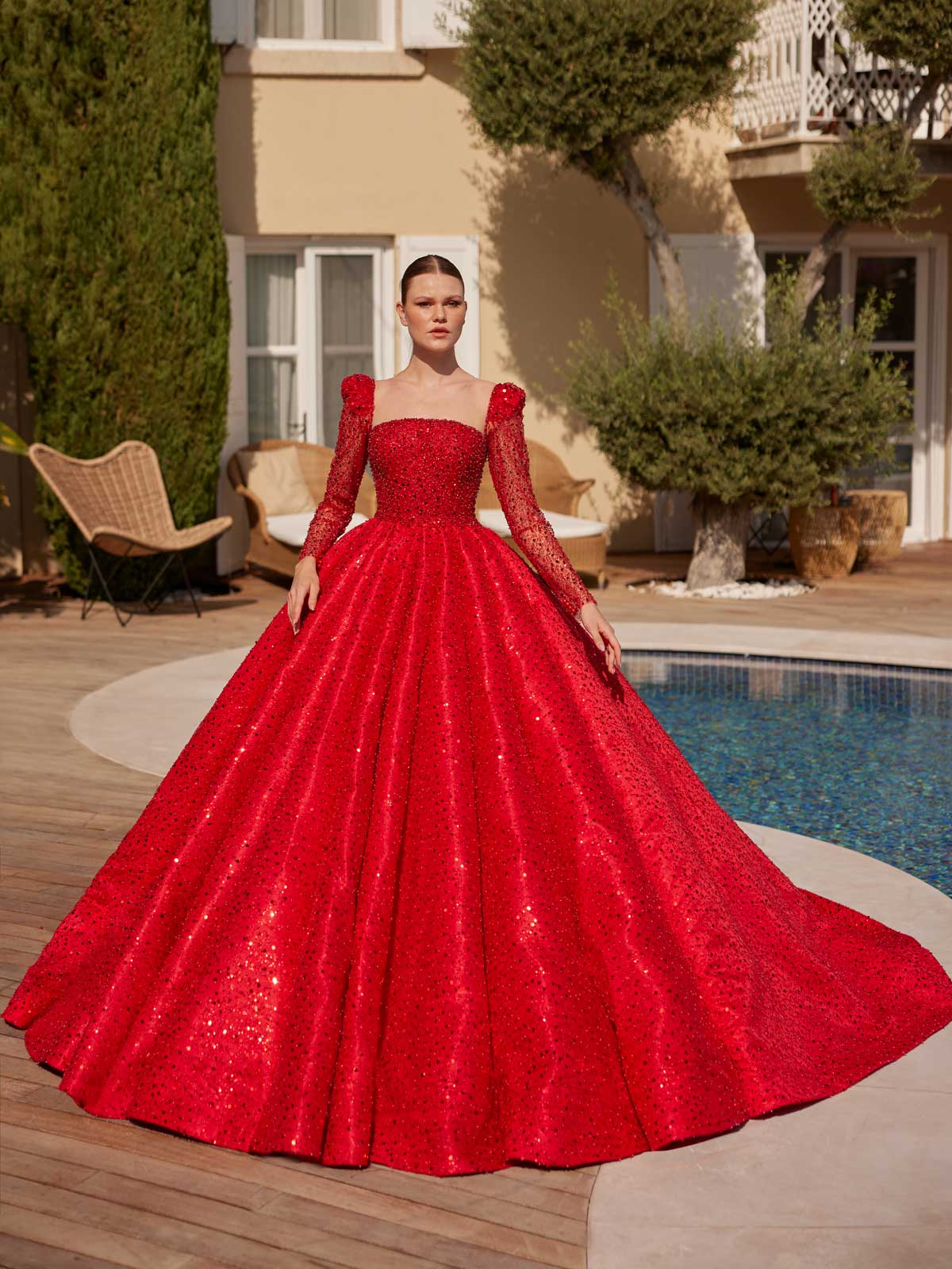 buy simple yet elegant sparkly square neck a line red formal beautiful party gown with long tulle sleeves online party gowns