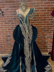 buy custom size Emerald Green Ruffle Mermaid Henna Party Dress With Detachable Train online