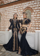 Long Sleeve Embroidered Beaded Black Velvet Mermaid Gown With Skirt