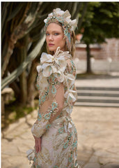 Plunge Neck Illusion Ivory Mermaid Stunning Party Gown With Flower Details