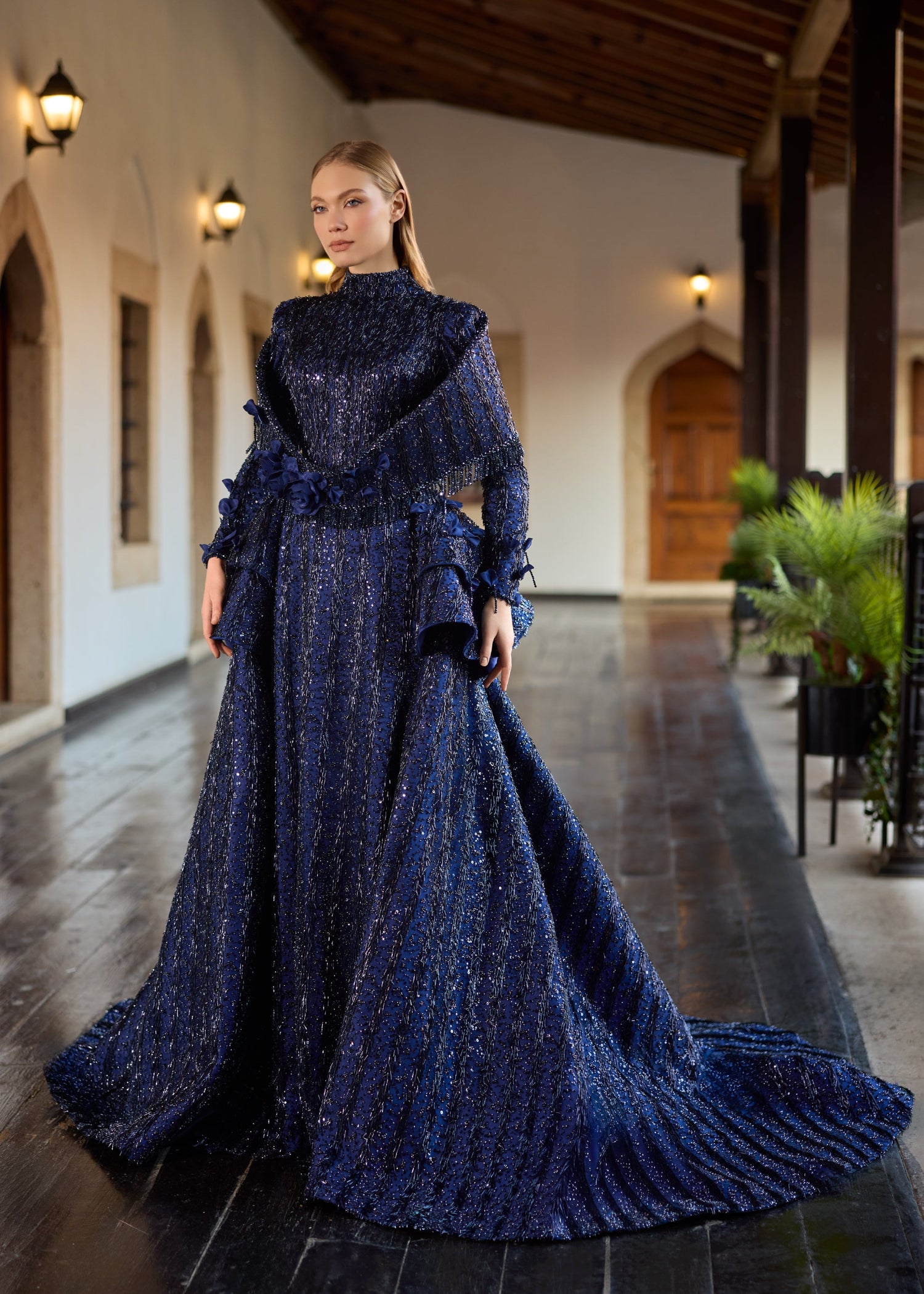 Navy Blue Hand-Beaded Modest Gown with Detachable Skirt & Shawl | Customizable to Modern Strapless