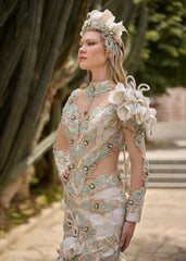 Plunge Neck Illusion Ivory Mermaid Stunning Party Gown With Flower Details