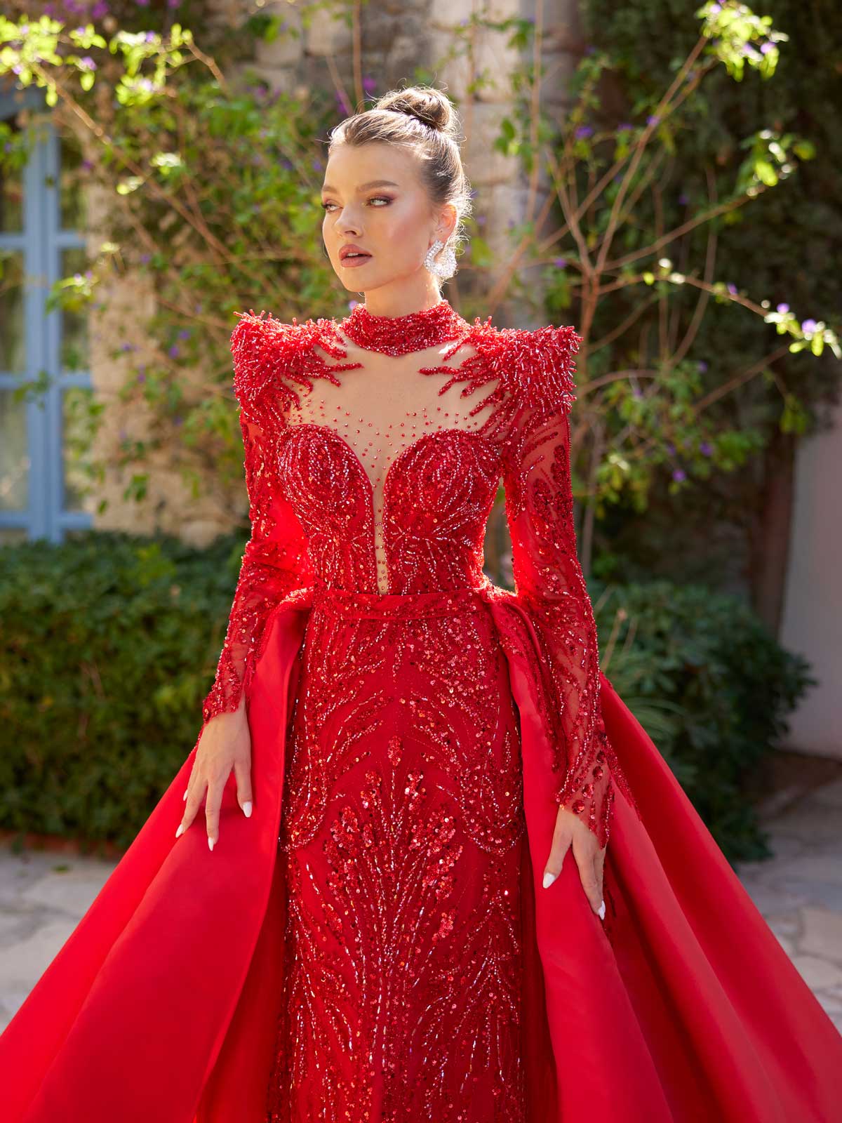 buy red plunging neck long sleeve shimmering dress with removable train online elegant dresses shop