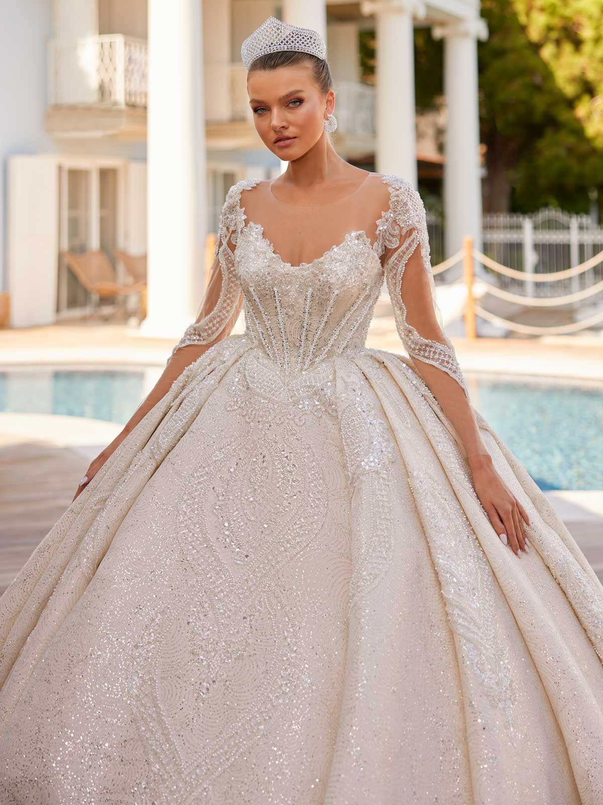 buy full lace long sleeve wedding dress in ivory with pearls and royal train wedding gowns online