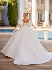 buy Off Shoulder Puff Satin Sleeve Lace A Line floral lace with cathedral train Wedding Dress online bridal stores