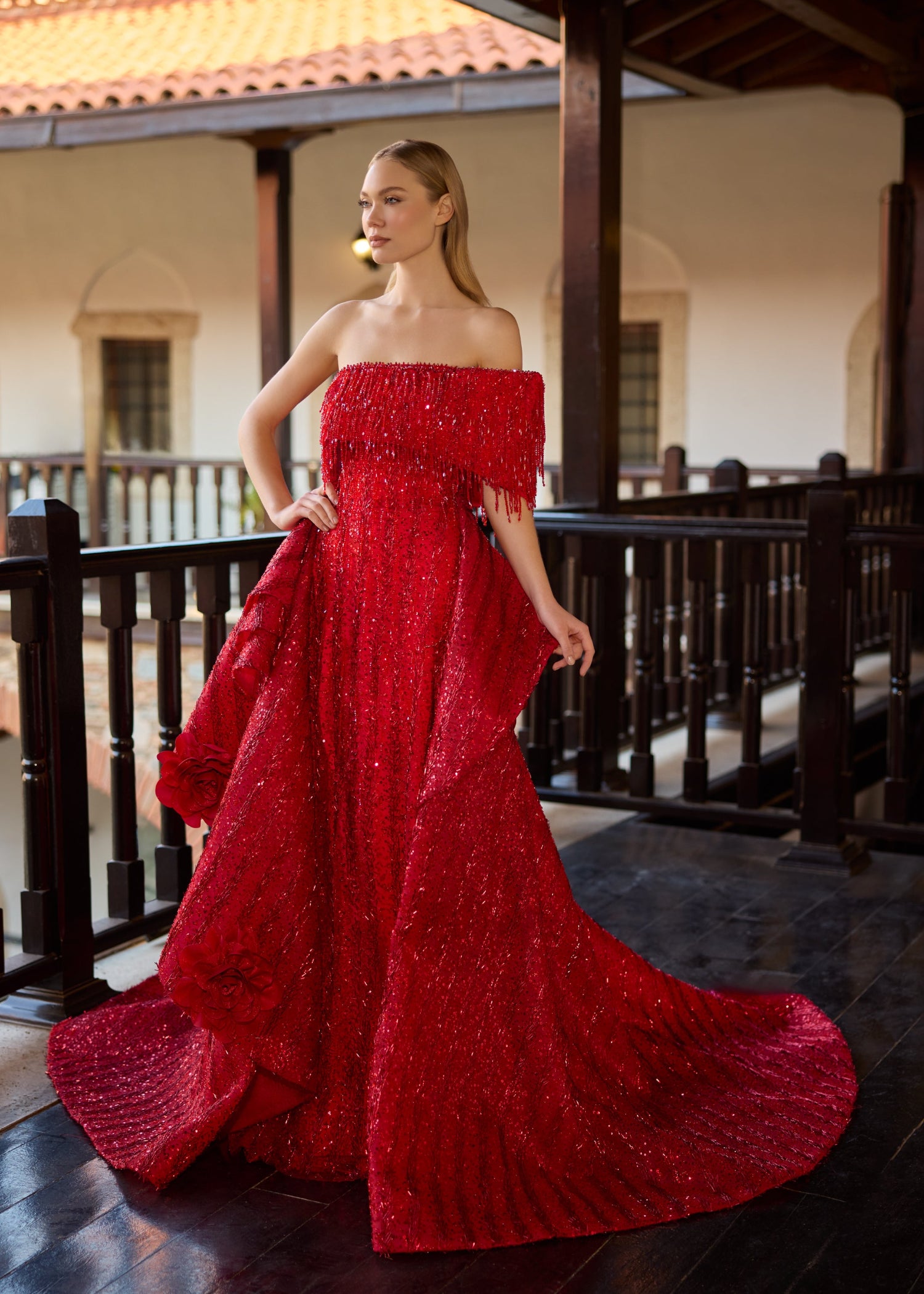 red sequin off shoulder dress Off-the-Shoulder Henna Gown with Detachable 3D Rose Skirt May Drop 3 Wedding Guest Free People Hudson Puff Sleeve Length:34-35
