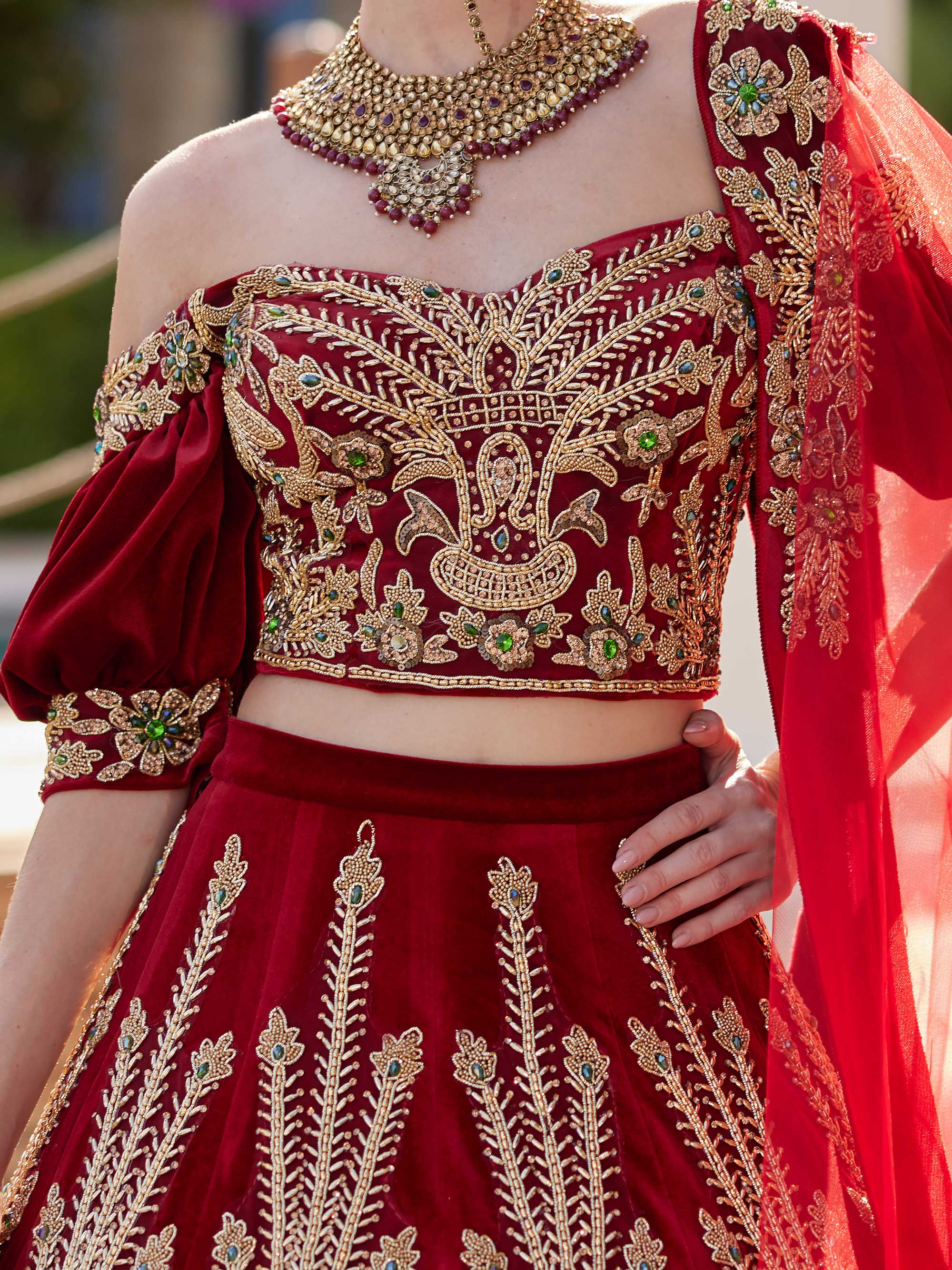 buy elegant gold embroidered crop with a line skirt puff sleeve velvet wedding henna party caftan dress for plus sizes