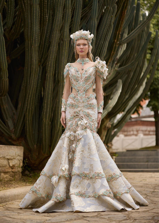 Plunge Neck Illusion Ivory Mermaid Stunning Party Gown With Flower Details