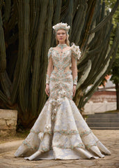 Plunge Neck Illusion Ivory Mermaid Stunning Party Gown With Flower Details