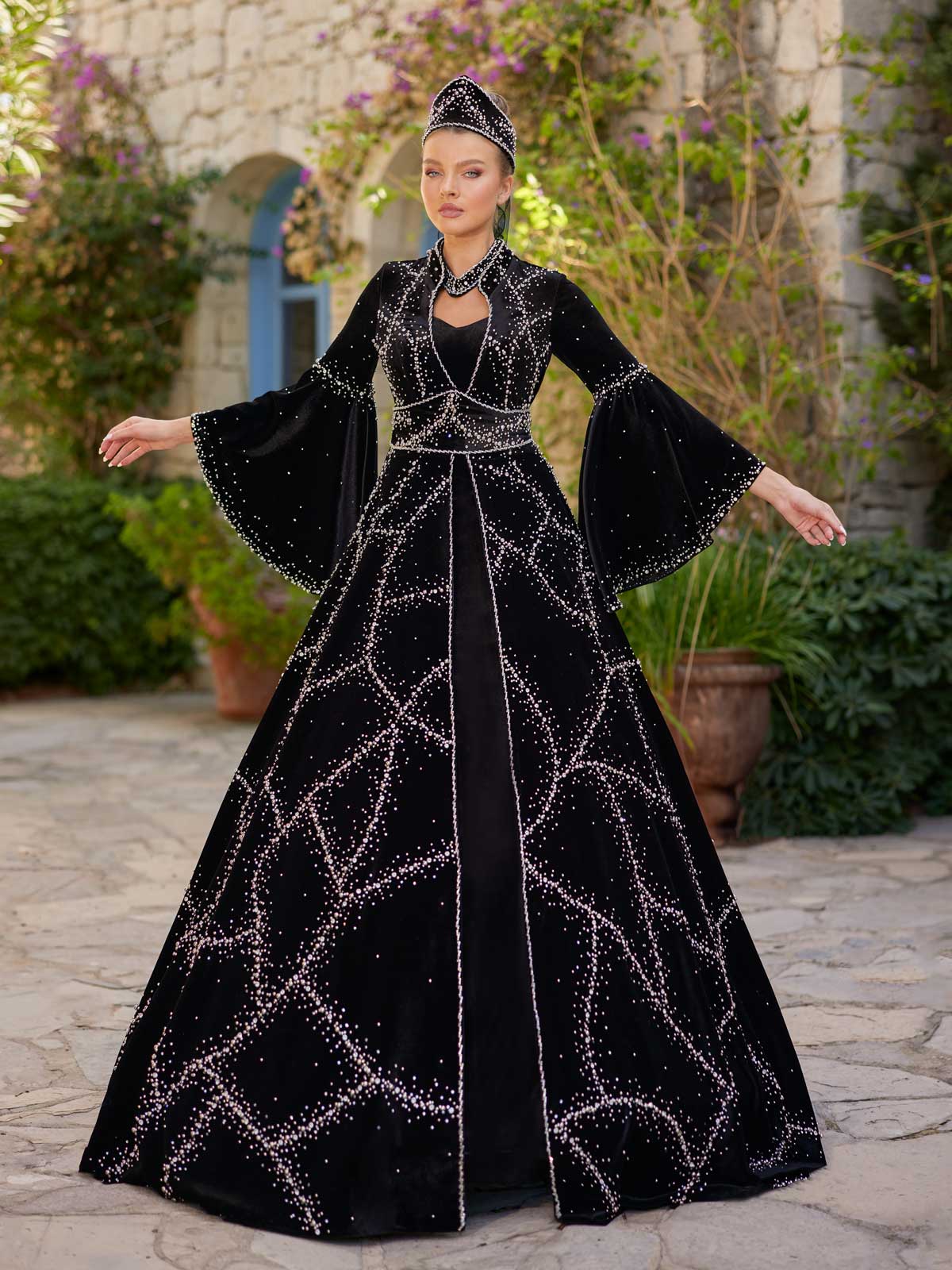Charming Black Embroidered Henna Gown With Long Angel Sleeve