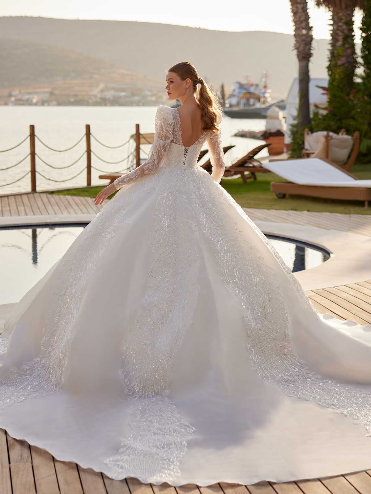 buyroyal train with puffy long sleeve lace up plus size chiffon muslim hijab wedding dress bridal dress online