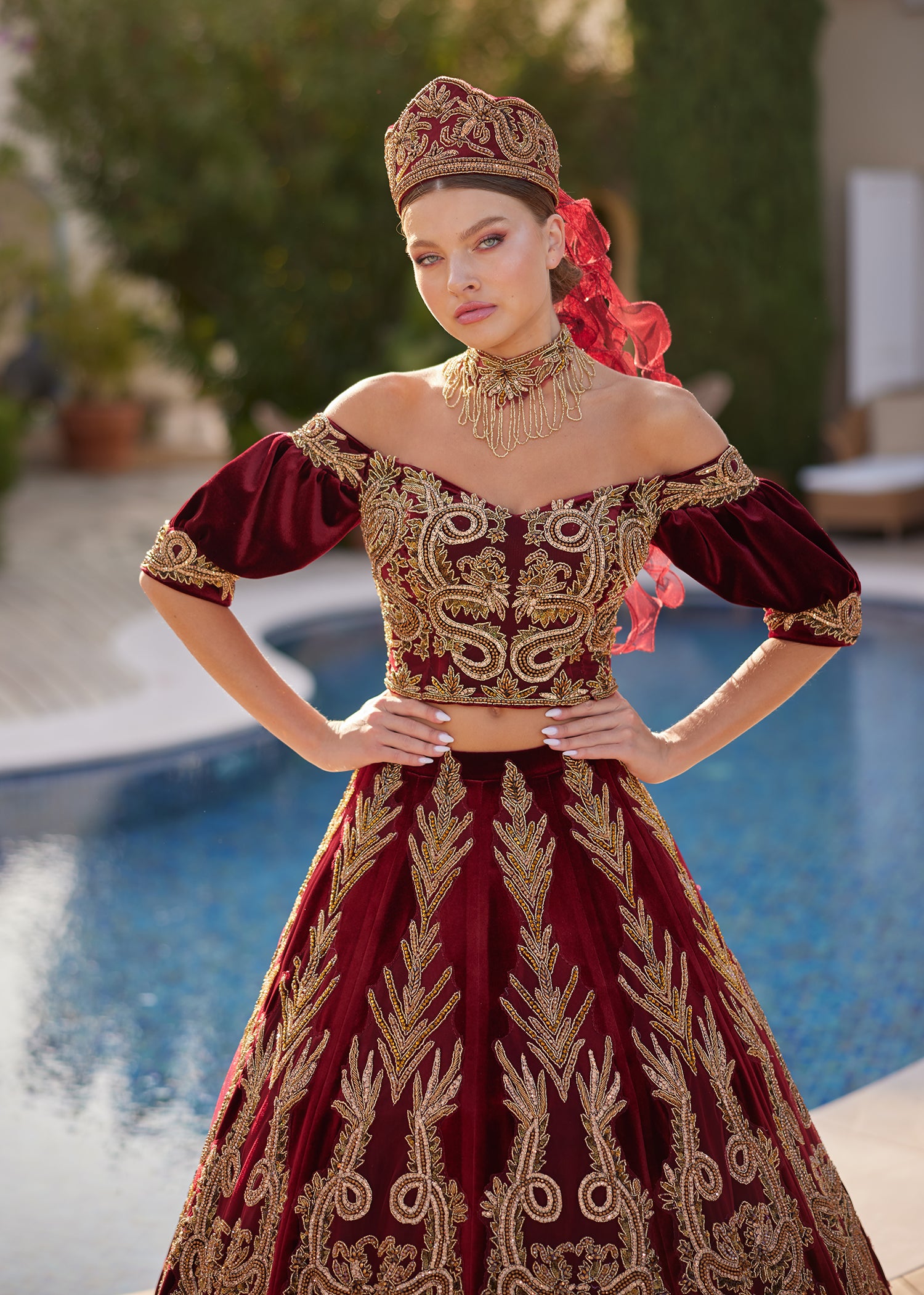 buy off the shoulder gold embroidered a line puff short sleeve mehndi gown dress with accessories online store