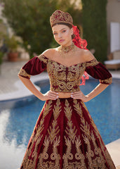 buy off the shoulder gold embroidered a line puff short sleeve mehndi gown dress with accessories online store