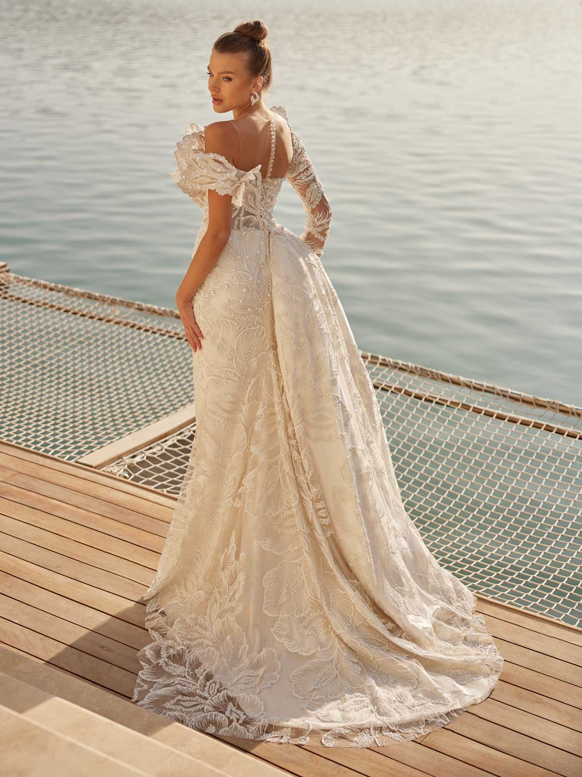 buy illusion sleeve tulle lace detachable train pearl embellished long mermaid lace dress for wedding paty online plus size