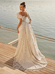 buy illusion sleeve tulle lace detachable train pearl embellished long mermaid lace dress for wedding paty online plus size