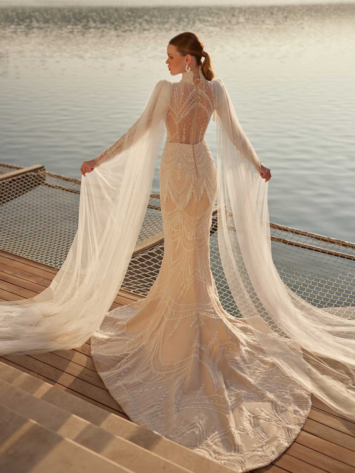 buy Nude Lining Ivory Lace turtle neck Birdal Wedding Dresses White Plus Size with tulle capes online wedding store