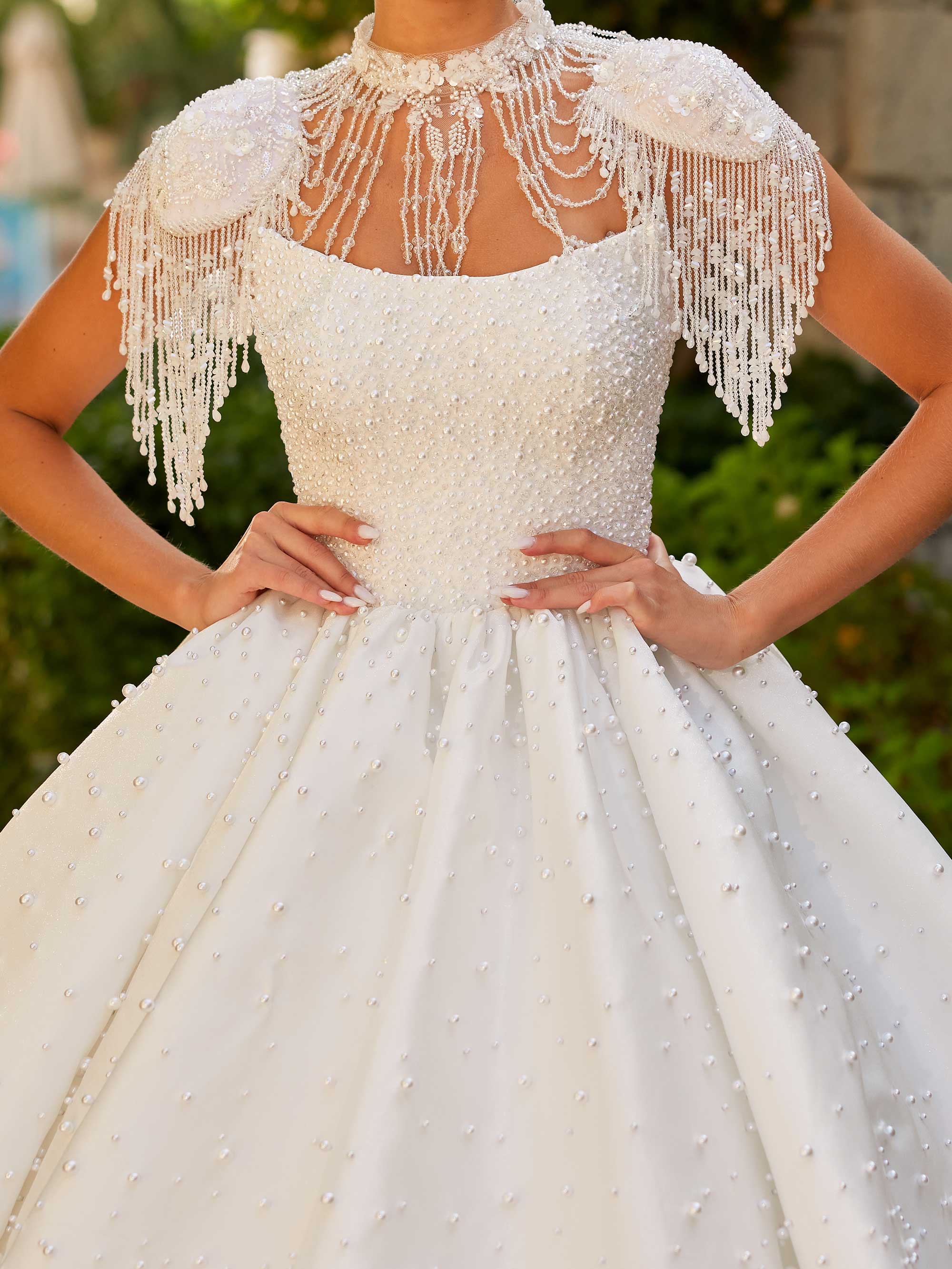 buy Long Sleeve Luxury Pearl Beaded Haute Couture Ball Gown wedding Dress with cathedral train and detachable sleeves online wedding stores