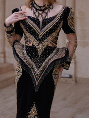 Stylish Designer Black Mermaid Scoop Neck Front Slit Invitation Dress With Low Cut