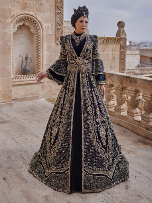 buy Black Custom Size Heavy Gold Sequins Embellished Islamic Henna Kaftan Gown shop kaftan dresses
