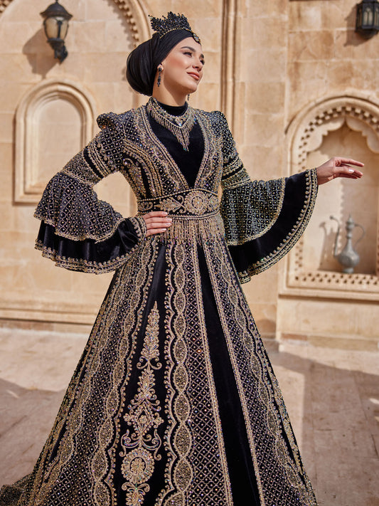 buy tall soft Black Velvet Gold Embroidered Heavy Embellished Muslim Henna Kaftan Gown kaftan dresses online shop
