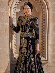 Ottoman Desing Gold Embroidered Fitted Muslim Mermaid Hijab Kaftan Dress