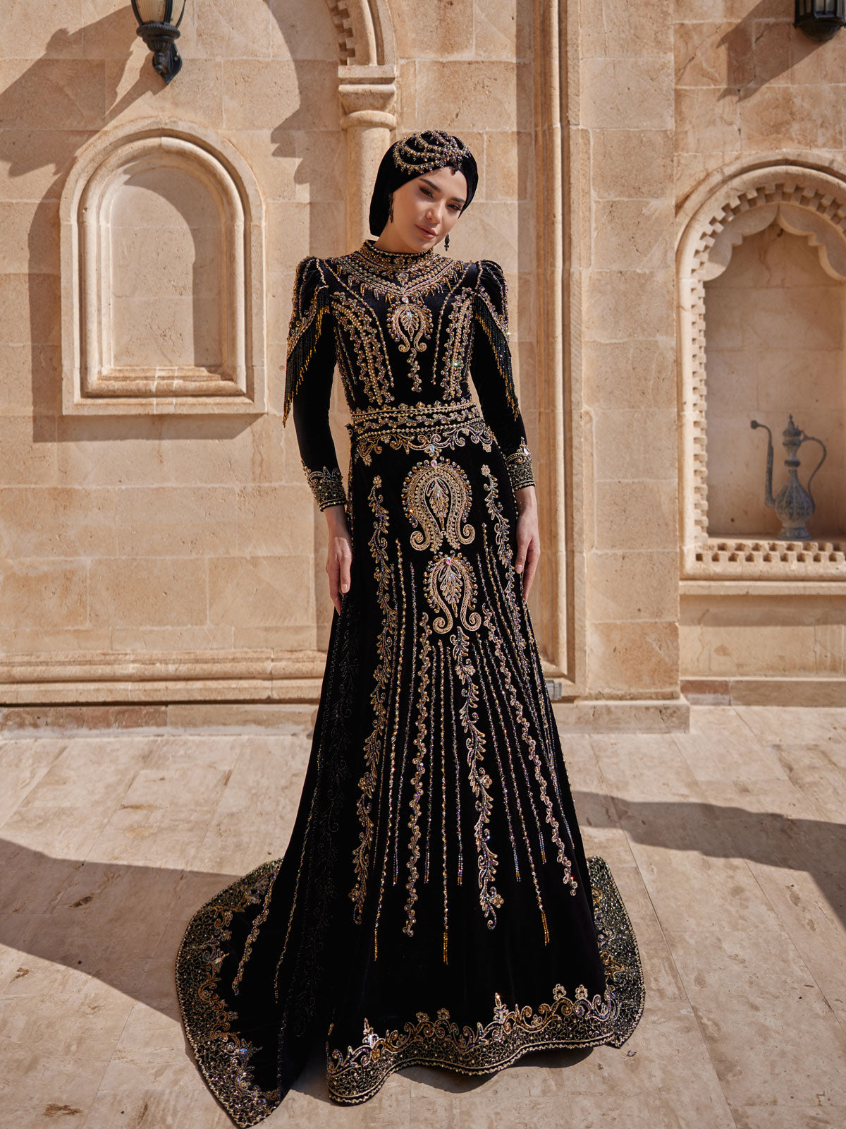 buy custom size Ottoman Desing Gold Embroidered Fitted Muslim Mermaid Hijab Kaftan Dress online ethnic clothing store